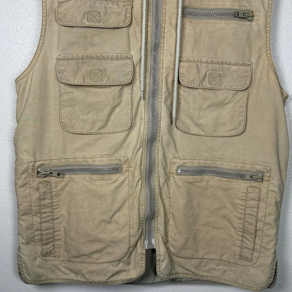 Vtg Banana Republic Zip Vest M Tan Stowaway Hood Safari Utility Taiwan 80s Flaws